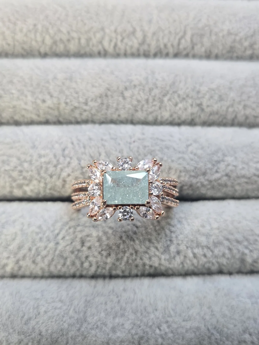 Size 8 Bomb Party Blue Sapphire Ice Crystal Rose Gold Plated